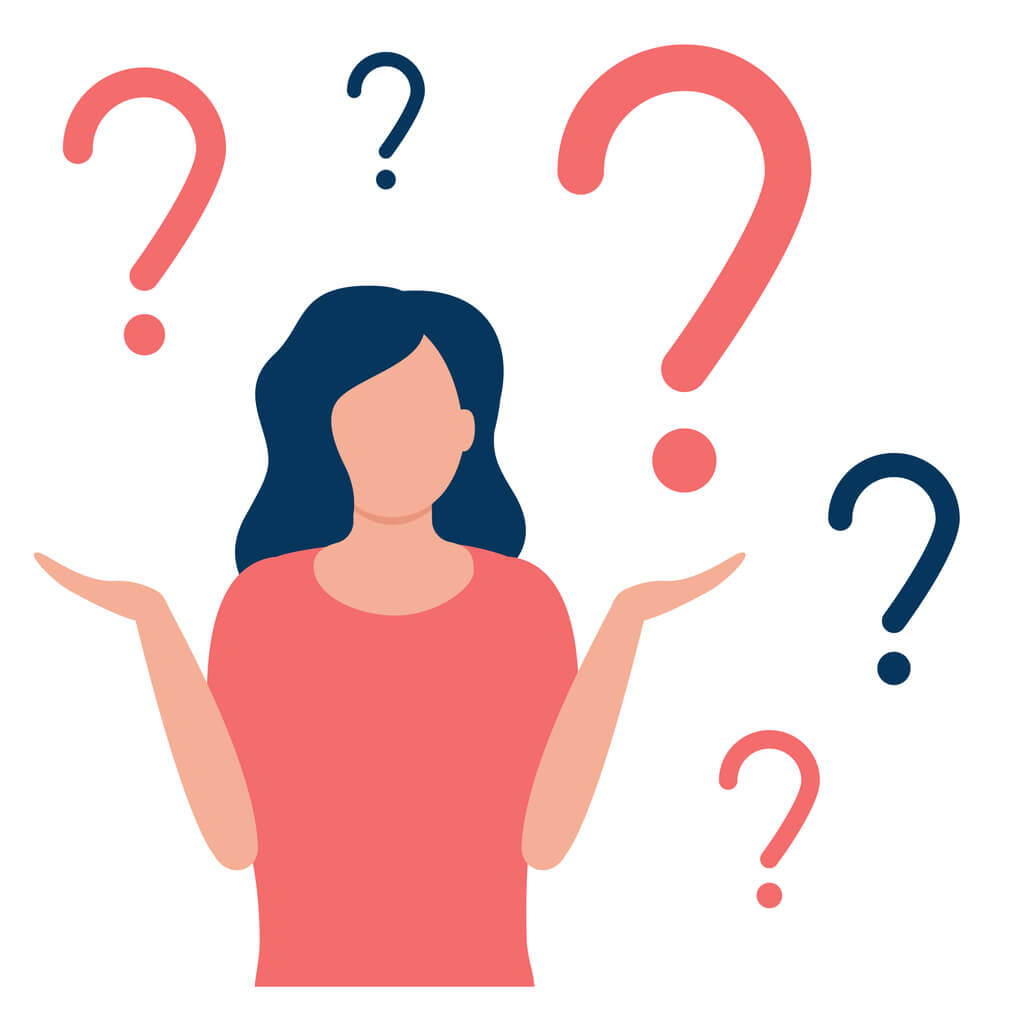 Thoughtful and doubting woman with question mark. Girl solves problem, chooses solution. The concept of doubt, ignorance, confusion, deadlock. I do not know. Vector flat design. AI-rewrite. 