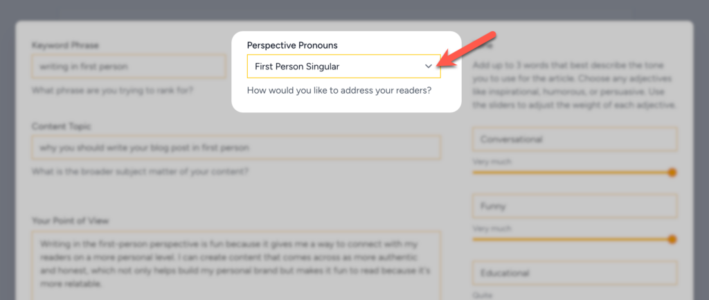 The Quillbee Perspective Pronoun field allows you to select "First Person" to create relatable and authentic first-person content.