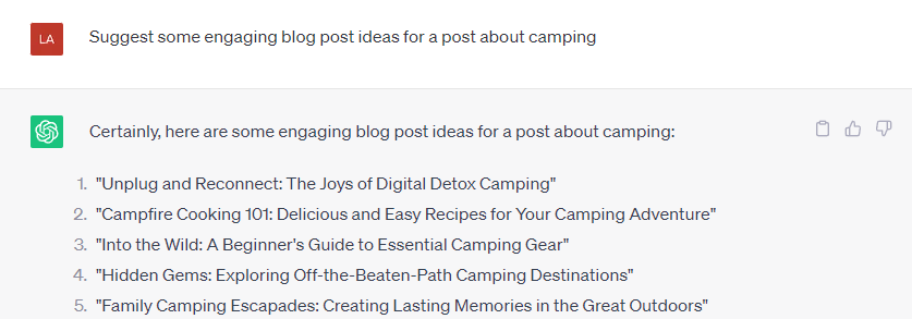 An example of how to use AI for blog posts: ChatGPT results with blog post topics about camping