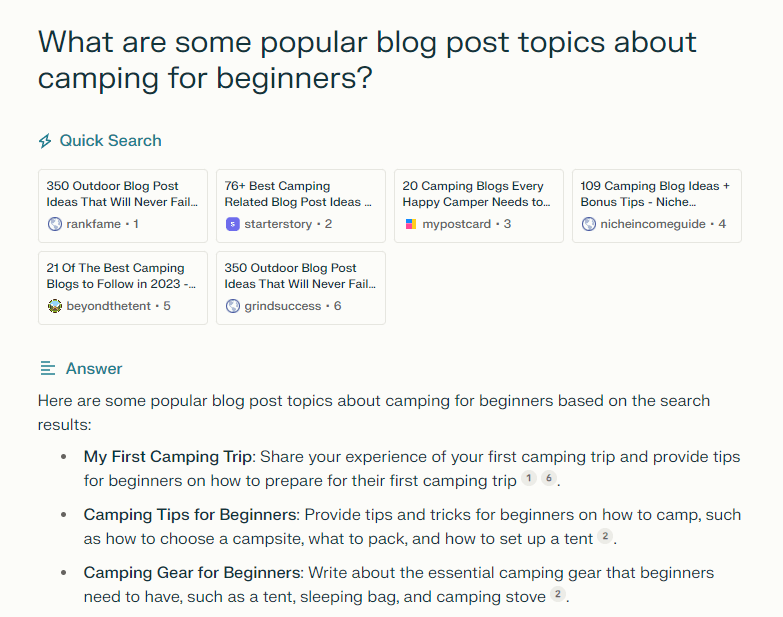 Perplexity AI results for popular blog post topics about camping for beginners.