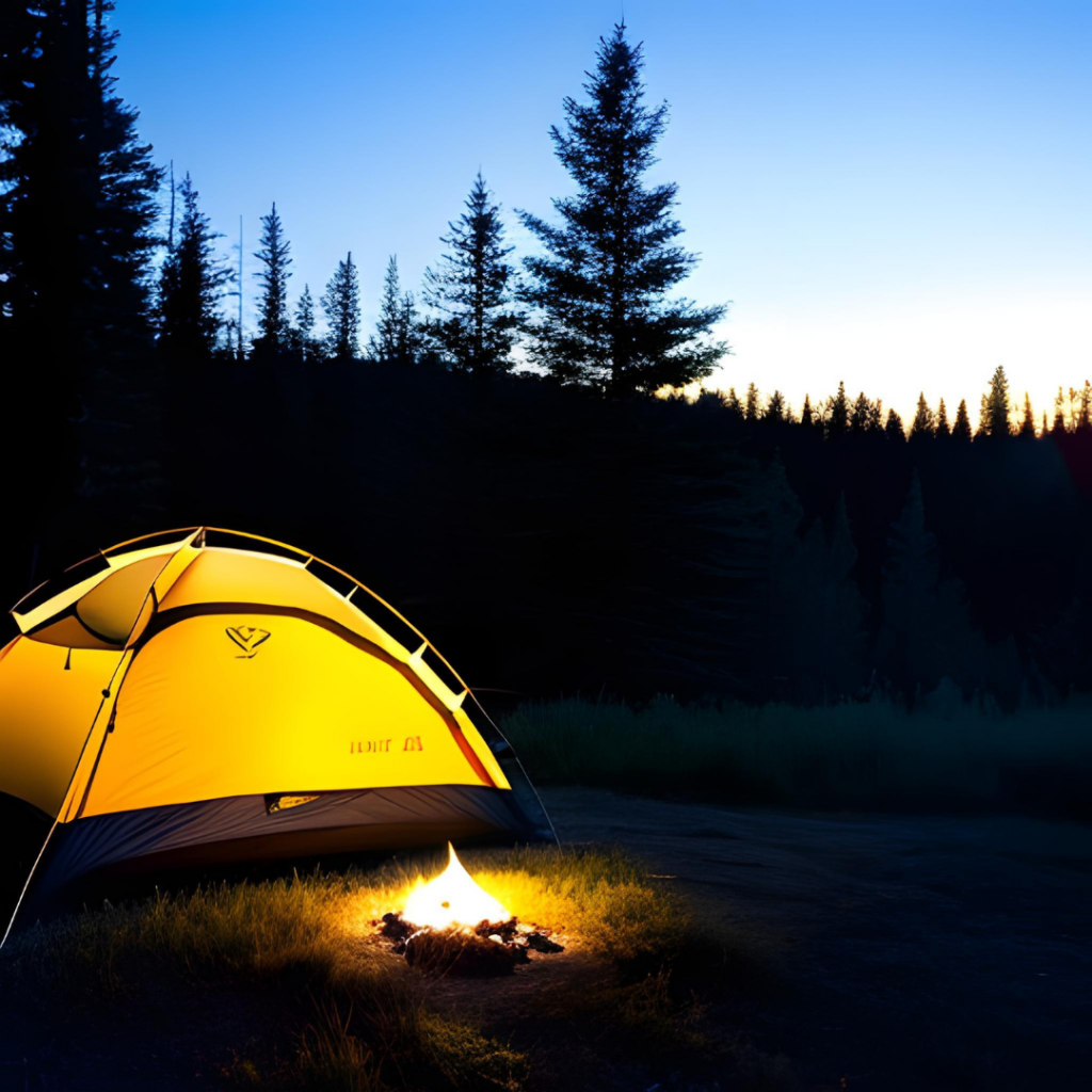 A yellow tent next to a campfire in the wilderness.