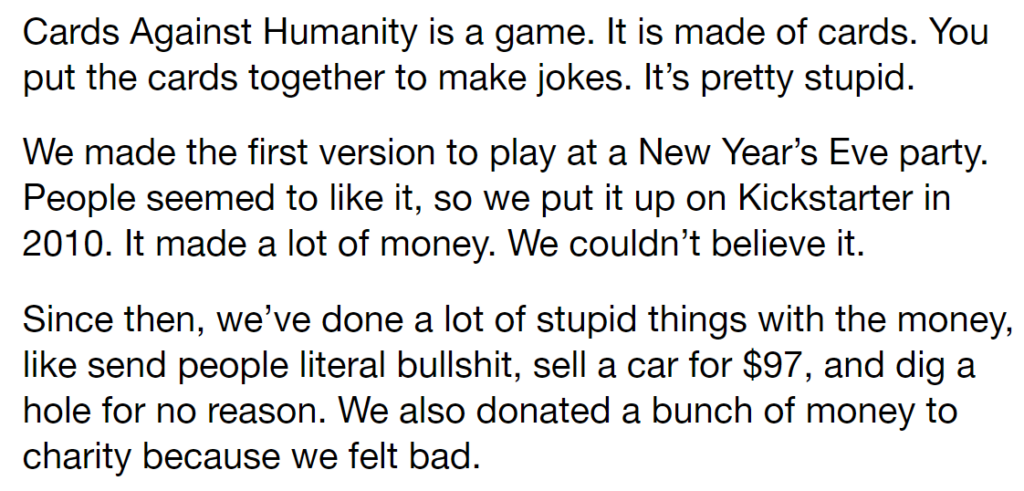 Card's Against Humanity "About Us" section, demonstrating brand differentiation