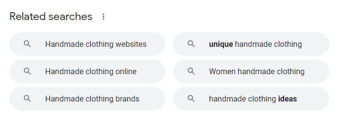 Google related searches to an original query of "handmade clothes"