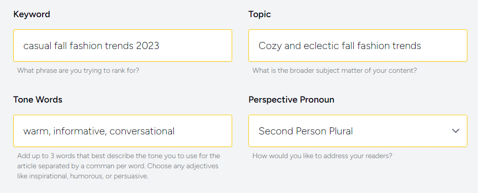 Quillbee's content brief for targeting keyword, topic, tone of voice, and perspective pronouns