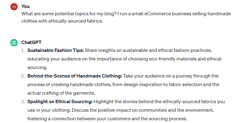 ChatGPT response about potential blog topics for a handmade clothing business